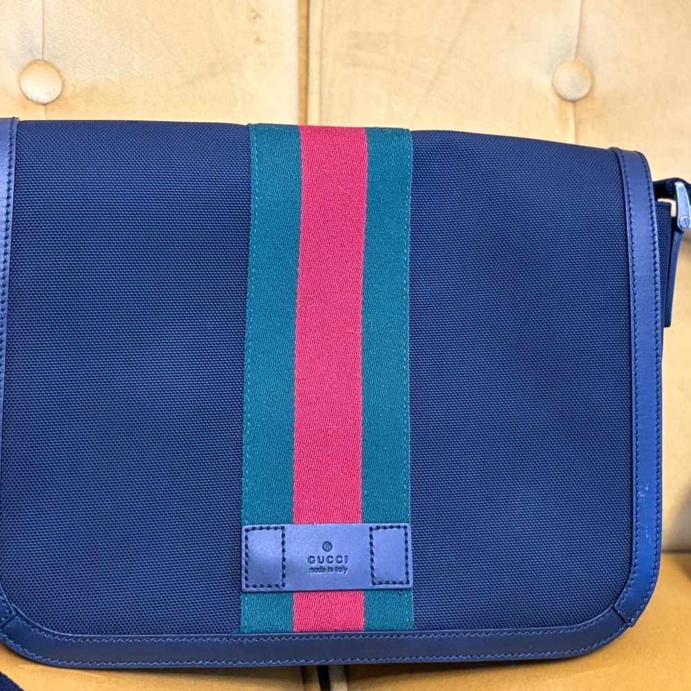 Gucci Navy Messenger Bag with Signature Stripe